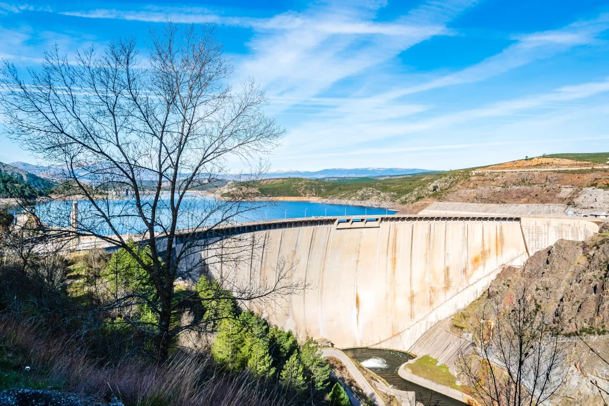 La imagen muestra una represa o presa de gran tamaño, ubicada en un entorno natural rodeado de colinas y vegetación. El muro de la represa es alto y de concreto, con una ligera inclinación hacia el exterior, y parece contener un gran volumen de agua que se extiende en el fondo, formando un embalse. Un cielo despejado y azul acompaña la escena, lo que resalta el paisaje montañoso y las áreas verdes. A la izquierda se ve un árbol sin hojas que sobresale en el primer plano, lo que añade contraste a la vista panorámica. La represa parece ser parte de un sistema de control de agua, posiblemente utilizado para la producción de energía hidroeléctrica o la gestión de recursos hídricos.