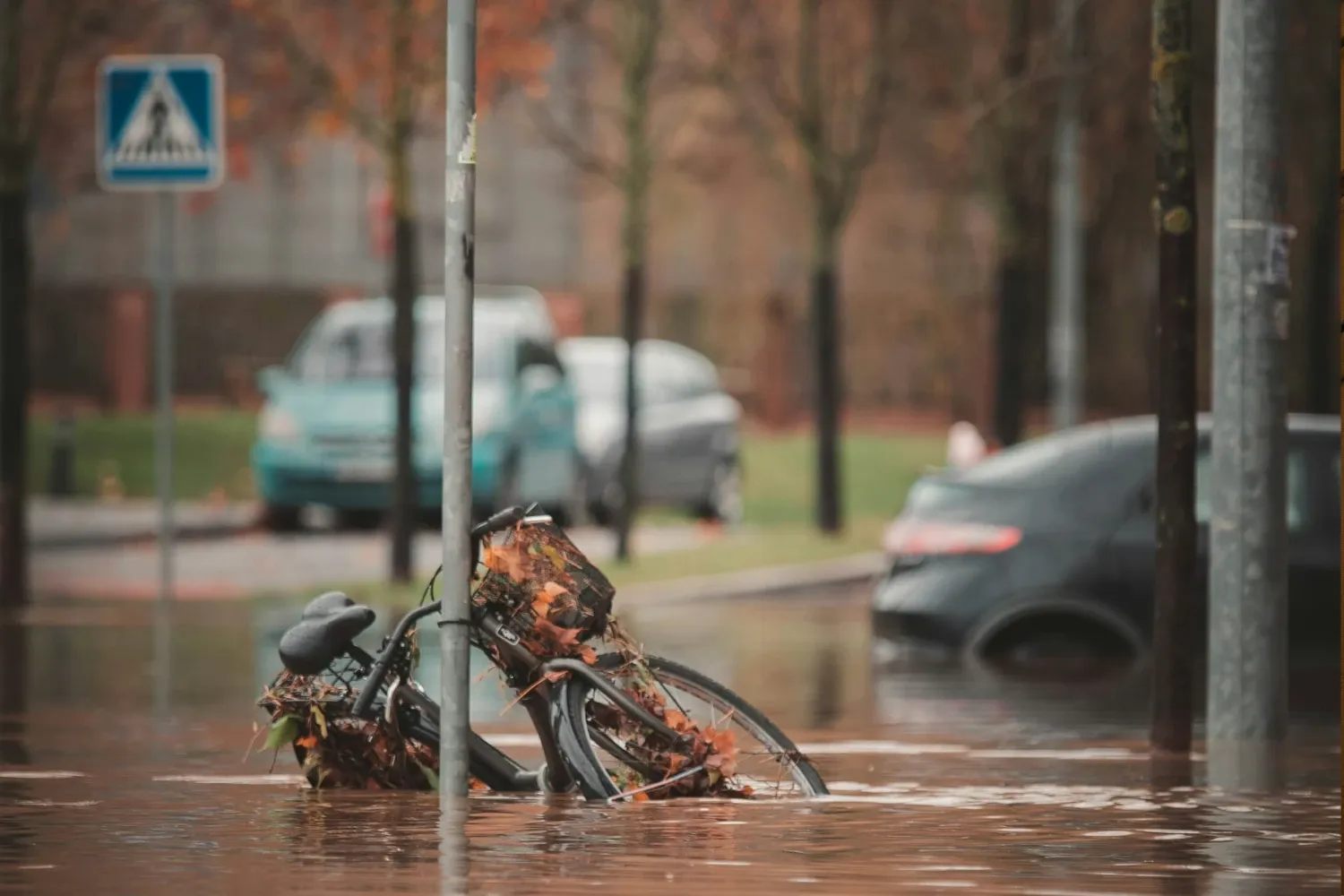 La imagen muestra una escena urbana afectada por una inundación. En el centro de la imagen, una bicicleta está parcialmente sumergida en el agua, con hojas y otros escombros atrapados en sus partes, lo que sugiere que la inundación ha arrastrado material a su alrededor.
El escenario destaca la importancia de un adecuado mantenimiento de los sistemas de alcantarillado para evitar inundaciones y proteger la infraestructura urbana, especialmente en áreas propensas a lluvias intensas.