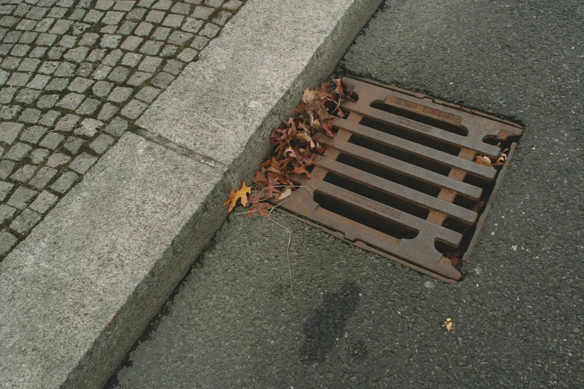 La imagen muestra una alcantarilla de imbornal situada en el borde de una acera y una calle pavimentada. La rejilla del imbornal es de metal y tiene varias ranuras para permitir el drenaje del agua. Alrededor de la rejilla hay algunas hojas secas acumuladas, lo que podría obstruir parcialmente el drenaje. La acera está hecha de adoquines, mientras que la calle está asfaltada. La imagen destaca la importancia de mantener los imbornales limpios para asegurar un drenaje adecuado y prevenir inundaciones.